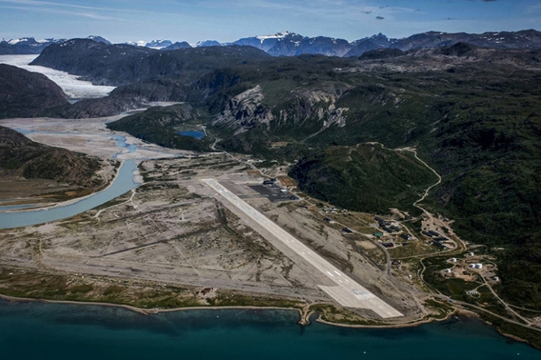 Aerial view of Narsarsuaq, Greenland, showing the airstrip, the treeless landscape, and the beginning of the ice cap.