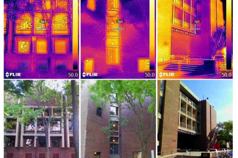 Photos of buildings compared to infrared photos of the same buildings.