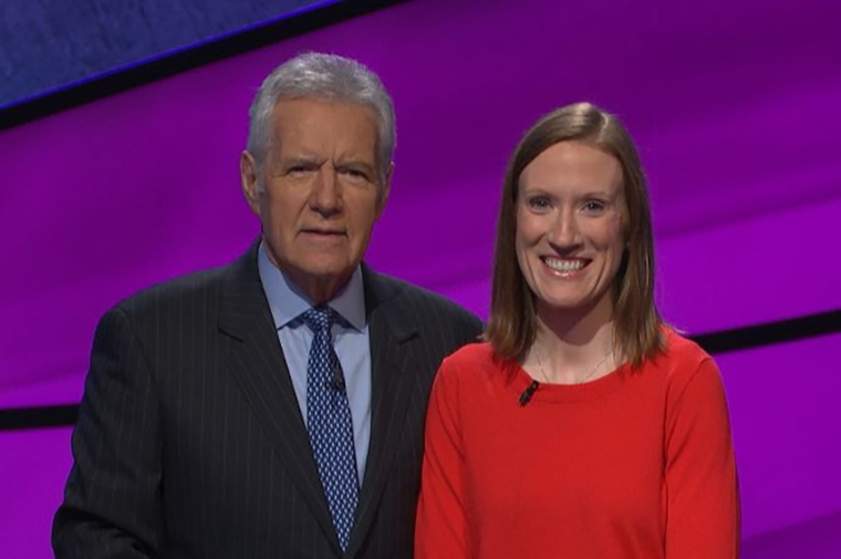 Julie Bender with Alex Trebec on Jeopardy