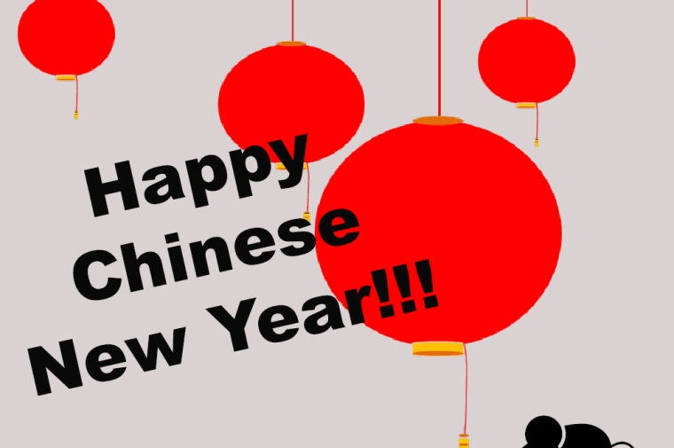 Text: Happy Chinese New Year!! Background: Red Chinese lanterns