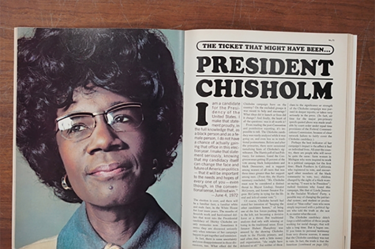 Old magazine with article titled "The ticket that might have been President Chisholm" across from photo of Shirley Chisholm
