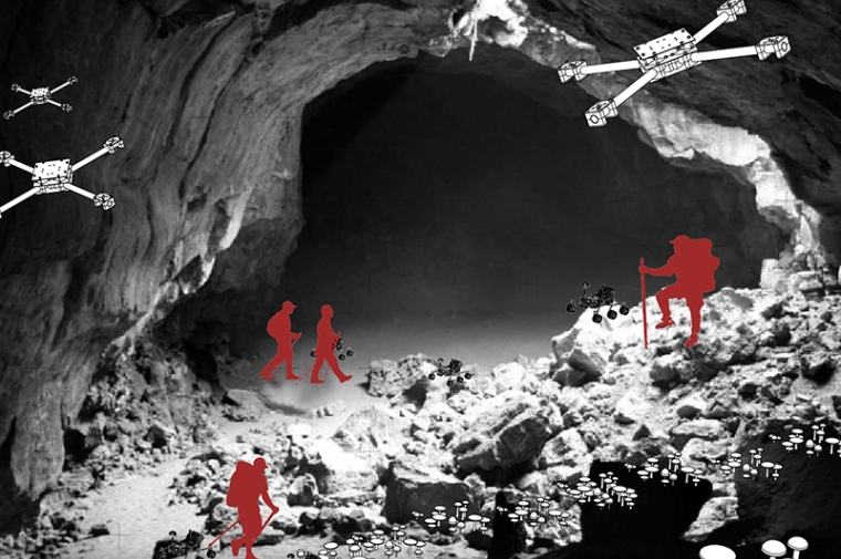 Illustration showing figures exploring a cave with mushrooms growing in it