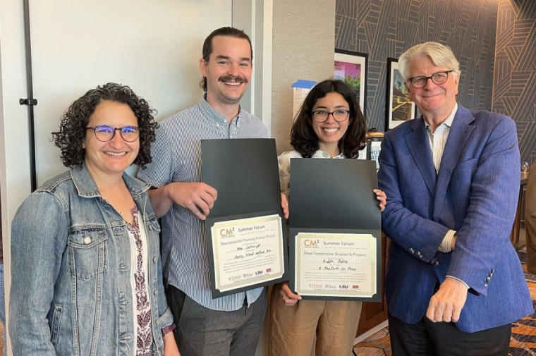 Alex Cartwright and Riddhi Batra display their awards with Dean Steiner and Rebecca Popowsky