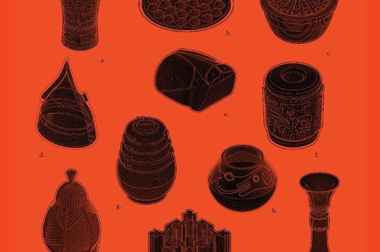 Vessels and other artifacts from the Penn Museum illustrated in black on red