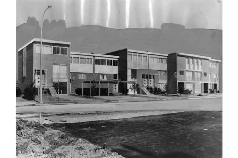black and white photo of modular rowhouses
