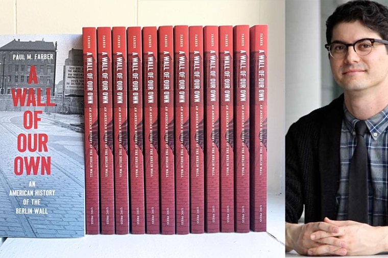 A stack of books paired with a headshot of the author