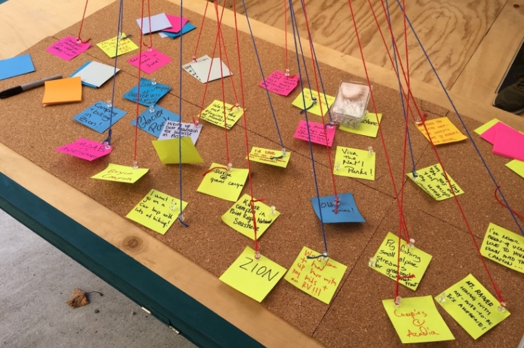 Board full of post-its with strings attached