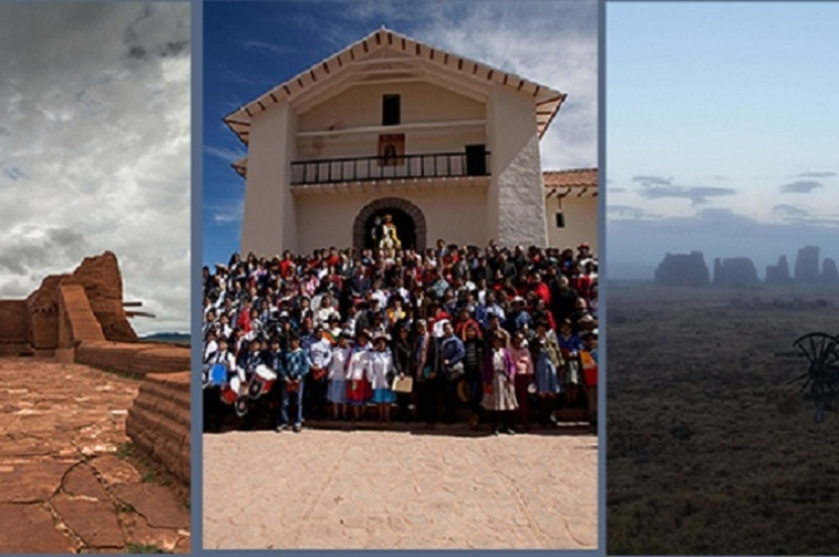 3 images, desert landscape, group of students outside earthen church, prairie 