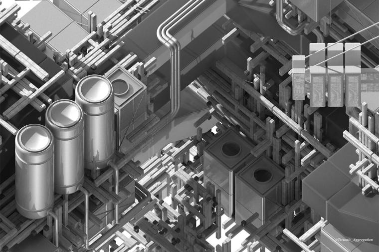 Grayscale image of overlapping pipes and lines