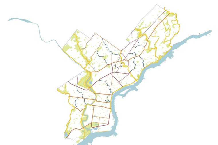 Rudimentary map of Philadelphia including green spaces.