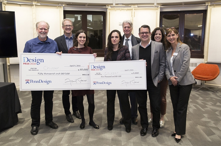 Two members of the winning team behind Chipper, Haley Russel (center left) and Laura Colagrande (center right), along with jurors for the 2018 iDesignPrize