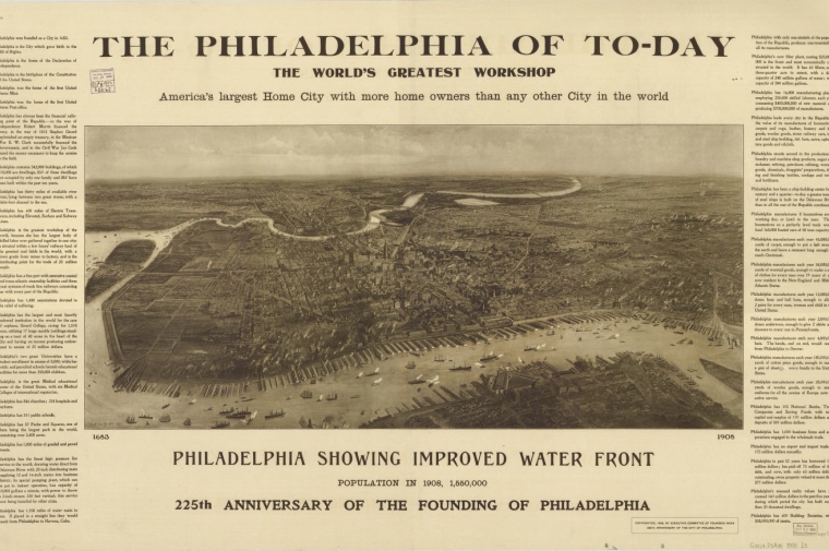 Old newspaper with aerial view of Philadlephia. Headline reads "The Philadelphia of To-day"      