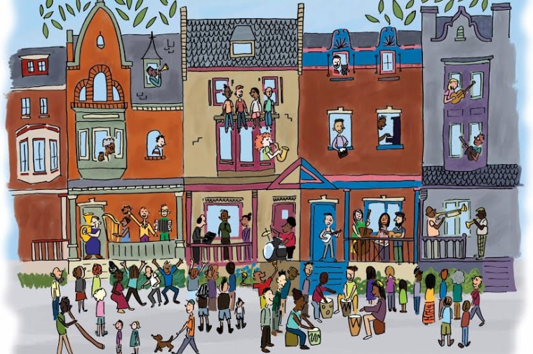 Illustration for Porchfest with lots of neighbors hanging out on block
