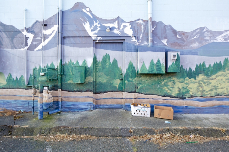 Exterior of the rear of a commercial building painted to resemble a mountainous landscape