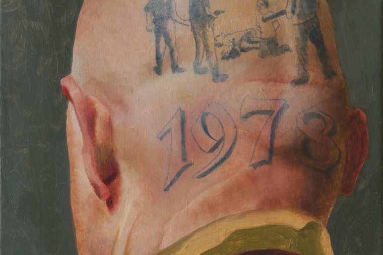 Painting of the back of the head of a tattooed man