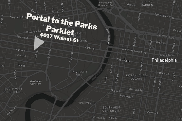 Poster for Portal to the Parklet (4017 Walnut Street). Background: Map of University City and Center city area 