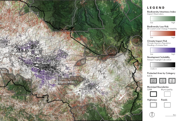 Map showing bands for biodiversity loss risk, climate impact risk, and development suitability