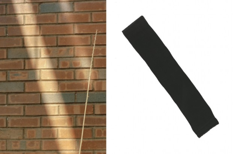 Picture of a brick wall next to a picture of a thick diagonal black line