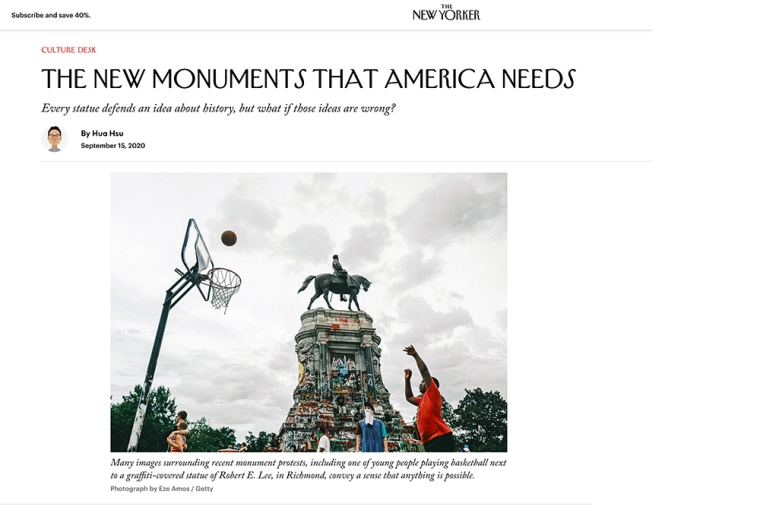 Web page from newyorker.com showing Robert E. Lee statue in Richmond, VA
