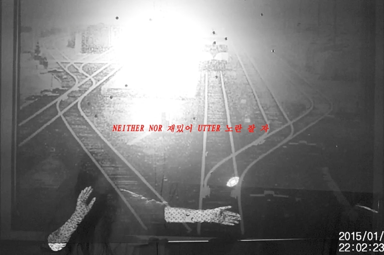 black and white video still of the artist behind a mesh screen with railroad tracks and text projected onto it