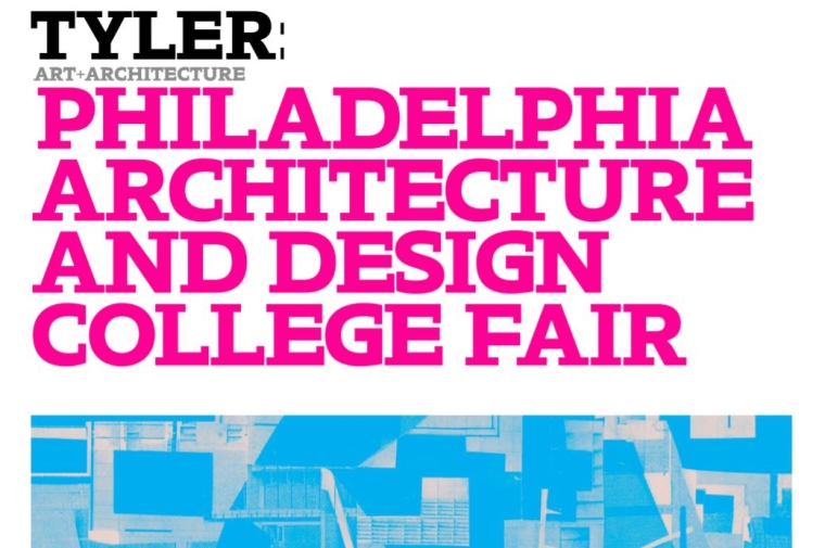Bright pink and text that reads Philadelphia Architecture and Design College Fair above a light blue topical map Tyler's campus