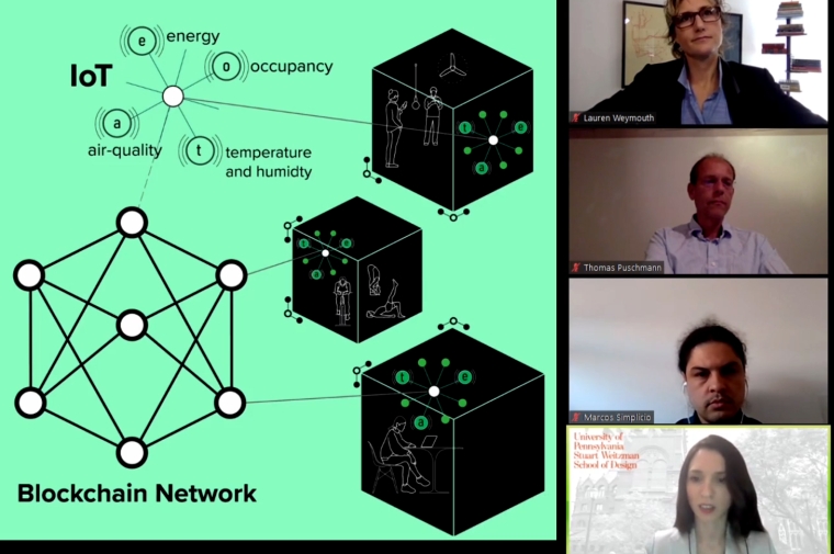 A capture of lecture on zoom showing Dorit Aviv and Panelis and a slide in green colors showing a diagram of the blockchain/IoT