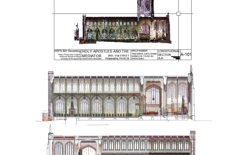 3 process photos documenting the side of the church