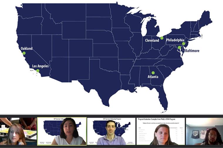 Map of the United States marking six cities with composite of five Zoom meeting panelists