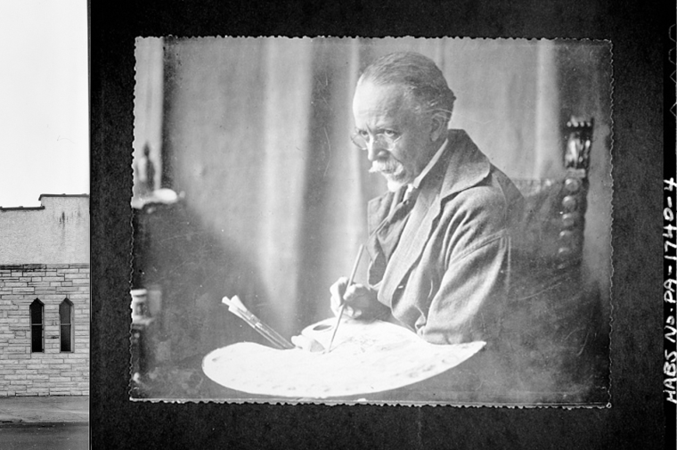 Three story rowhouse seen from across street; Elderly African American man in artist smock.