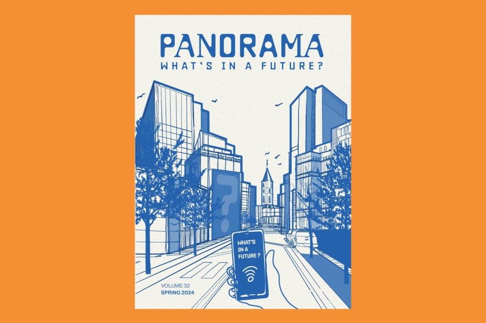 Blue and white illustration of Philly's downtown