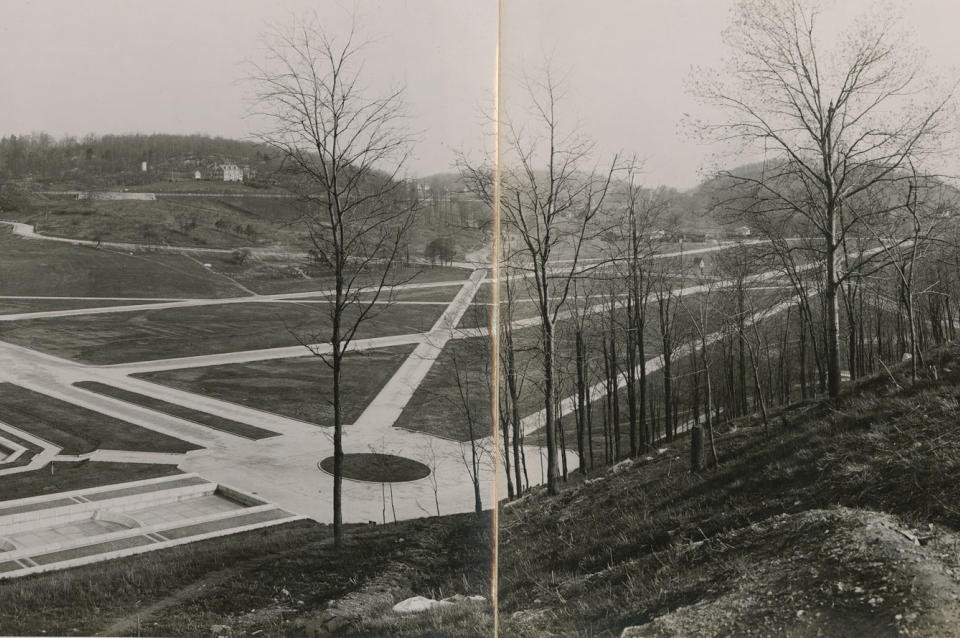 Blakc and white photo of roadway under constrction