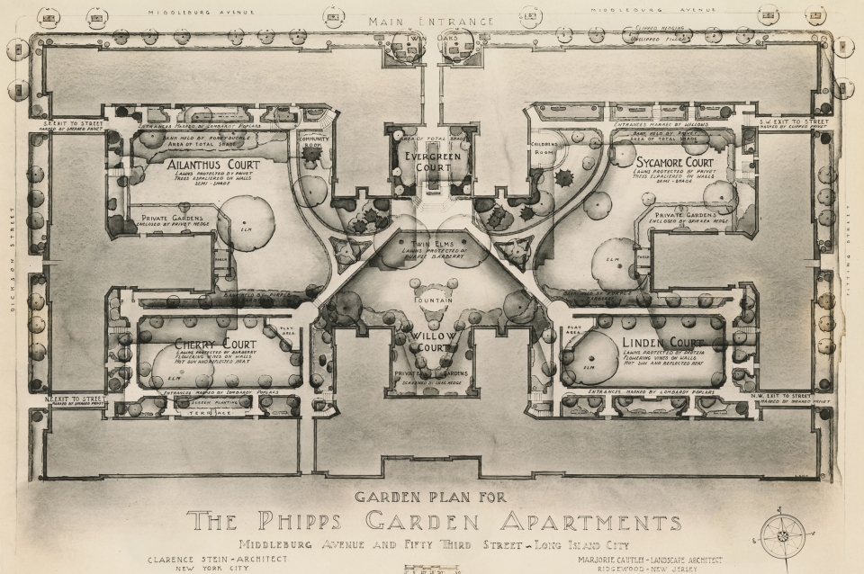 Ink and ink wash landscape plan for Phipps Garden Apartments
