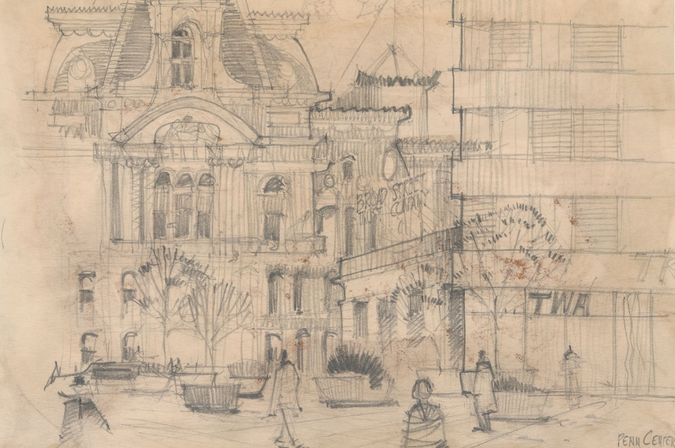 Elevation sketch of historic University of Pennsylvania building