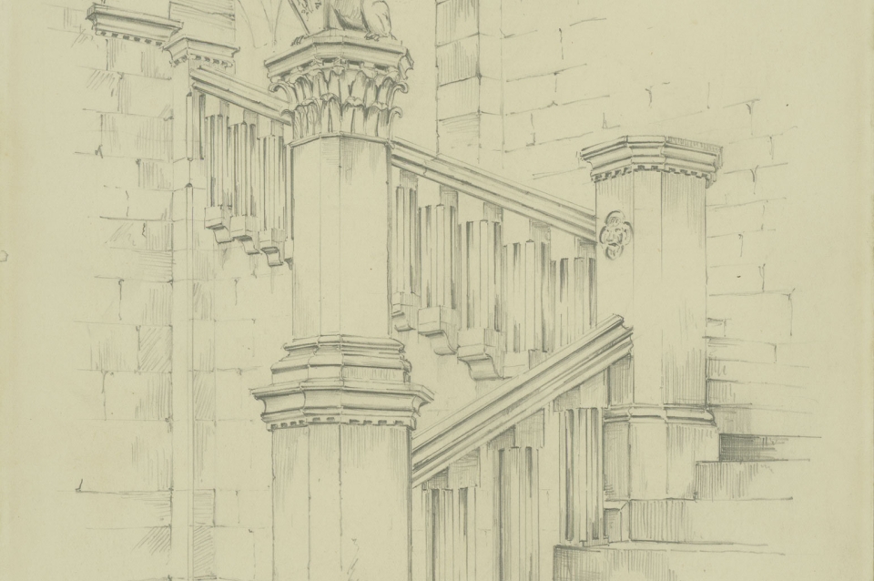Sketch of interior stairwell by Frank miles Day