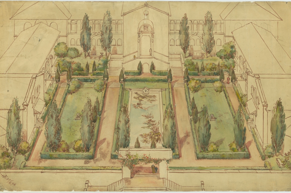 Pencil and watercolor rendering of the University of Pennsylvnaia Museum