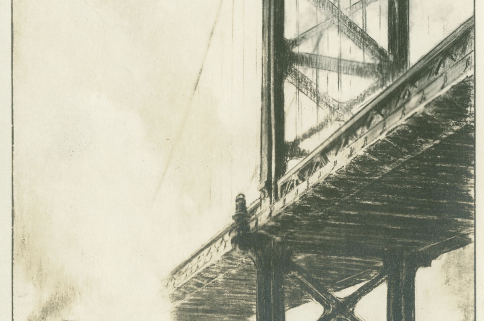 black and white drawing of bridge over a river