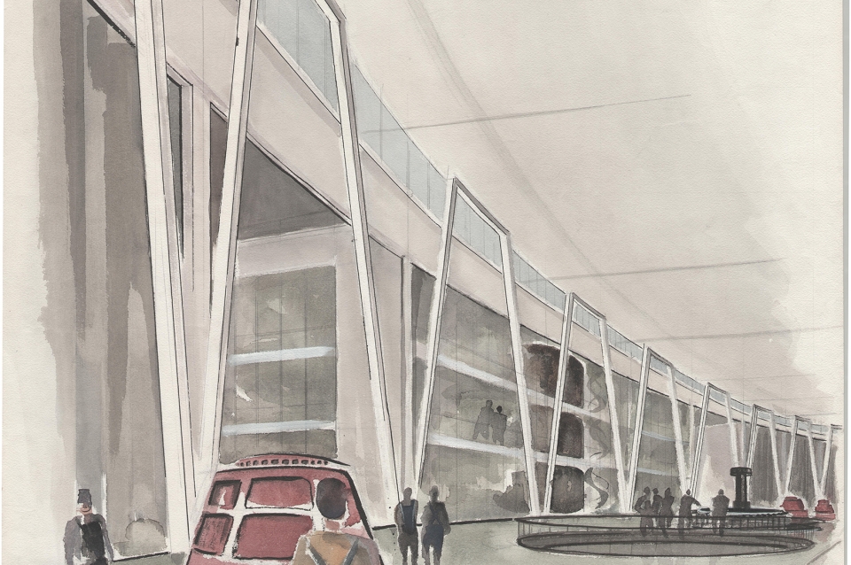 Lindsay Falck color rendering of design for a hydro electric plant