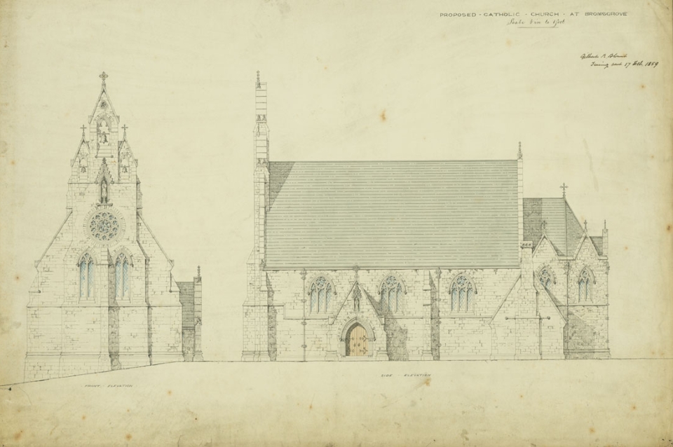 Two perspective drawings of a stone church