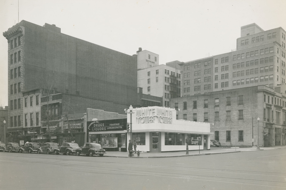 Balck and white image of white tower resturant