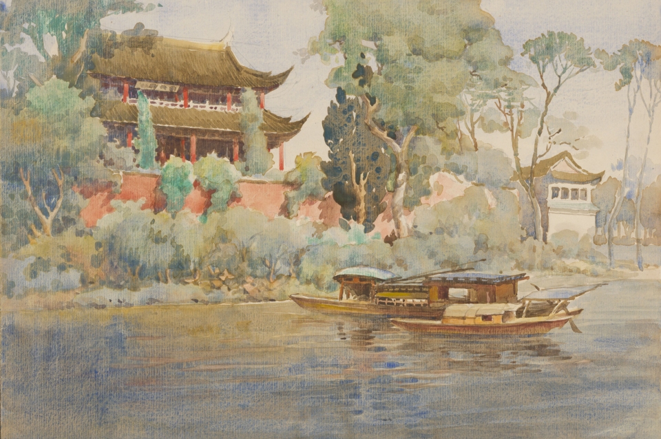 Watercolor of a boat on the water in front of Chinese style house
