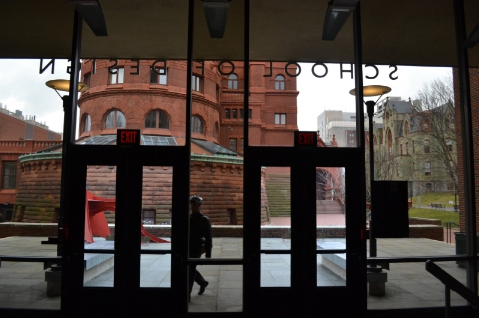 Fisher Fine Arts Library as seen from within the lobby of the Penn Design building