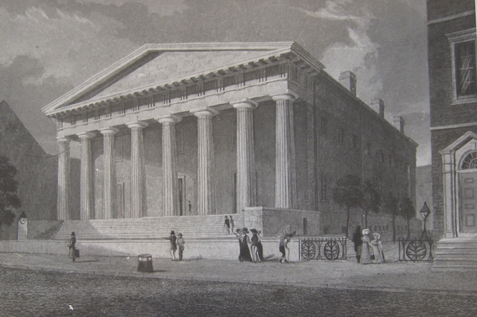An Engraving of the US Second Bank, a marble Greek style building with large Doric columns.  