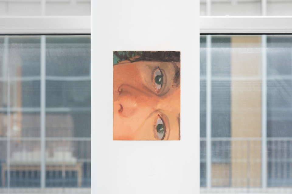 Photograph of painting by Erin Morris hung on gallery wall with windows on either side
