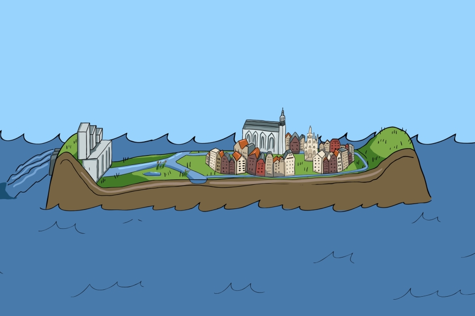 Simplified island with buildings on blue water under blue sky