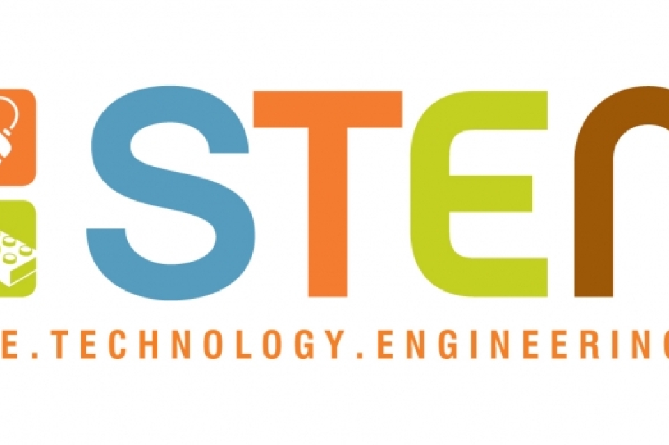 STEM. Science. Technology. Engineering. Math. (Logo: Magnifying glass, computer mouse, ruler and lego brick.)