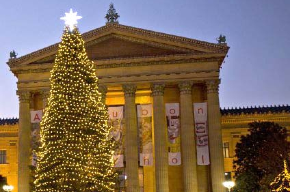 Decorated Christmas tree in front of Philadelphia Art Museum