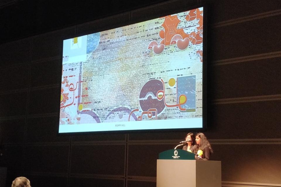 Justine Huang (MArch'19) and Anya Sinha (MArch'19) presenting at the 54th Central Glass International Design Competition
