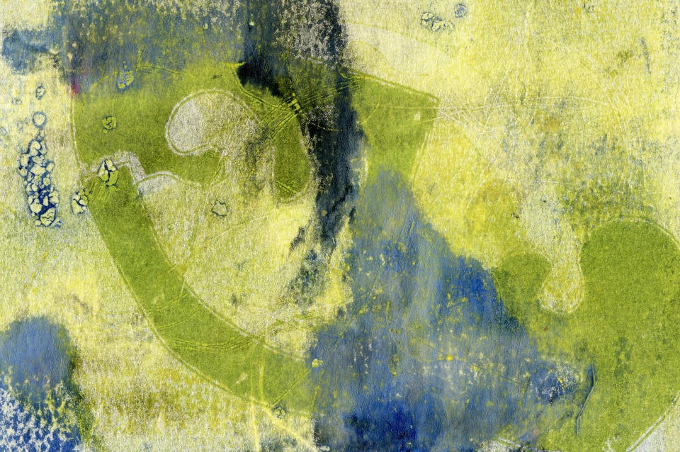 guache in tones of green, blue and black are painted to resemble an earthly landscape