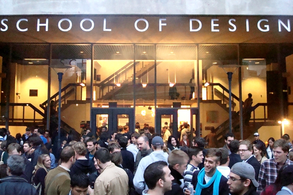 Students gathered outside the school of design