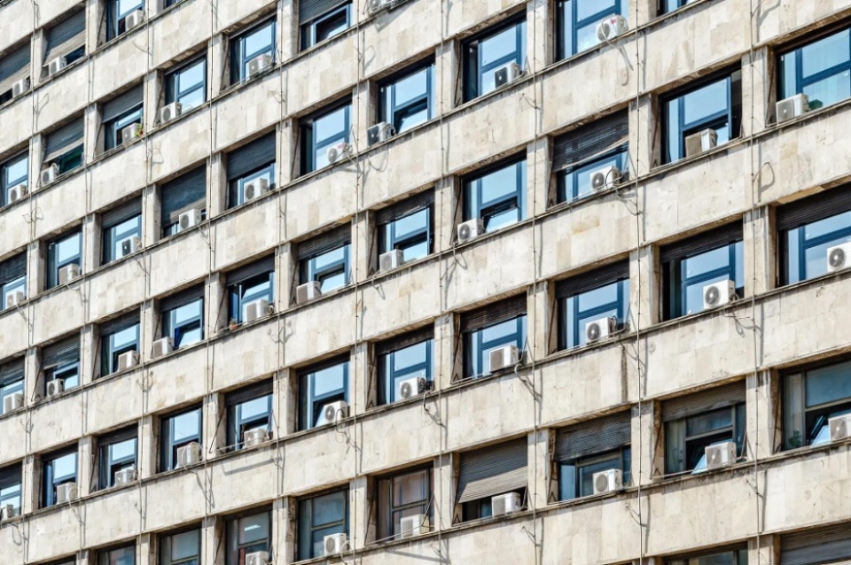 A building with a grid of windows